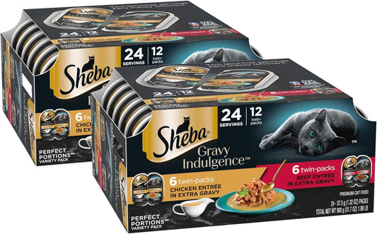 Sheba Gravy Indulgence Adult Wet Cat Food Beef Entree in Extra Gravy and Chicken Entree in Extra Gravy Variety Pack, 2.6 oz. Twin-Pack Trays (12 Count, 24 Servings) (Pack of 2)