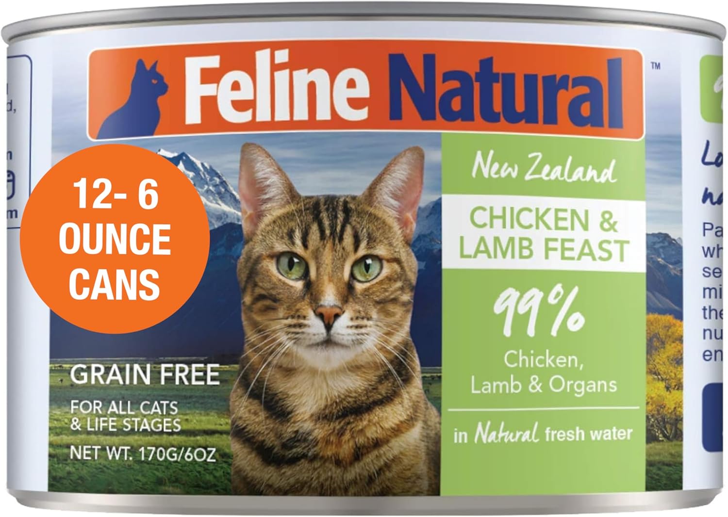 Feline Natural Wet Cat Food Pate, Chicken & Lamb Feast, 6 Oz Cans (Pack of 12), Grain Free, Made in New Zealand with Cage-Free Chicken and Grass-Fed, Free-Range Lamb