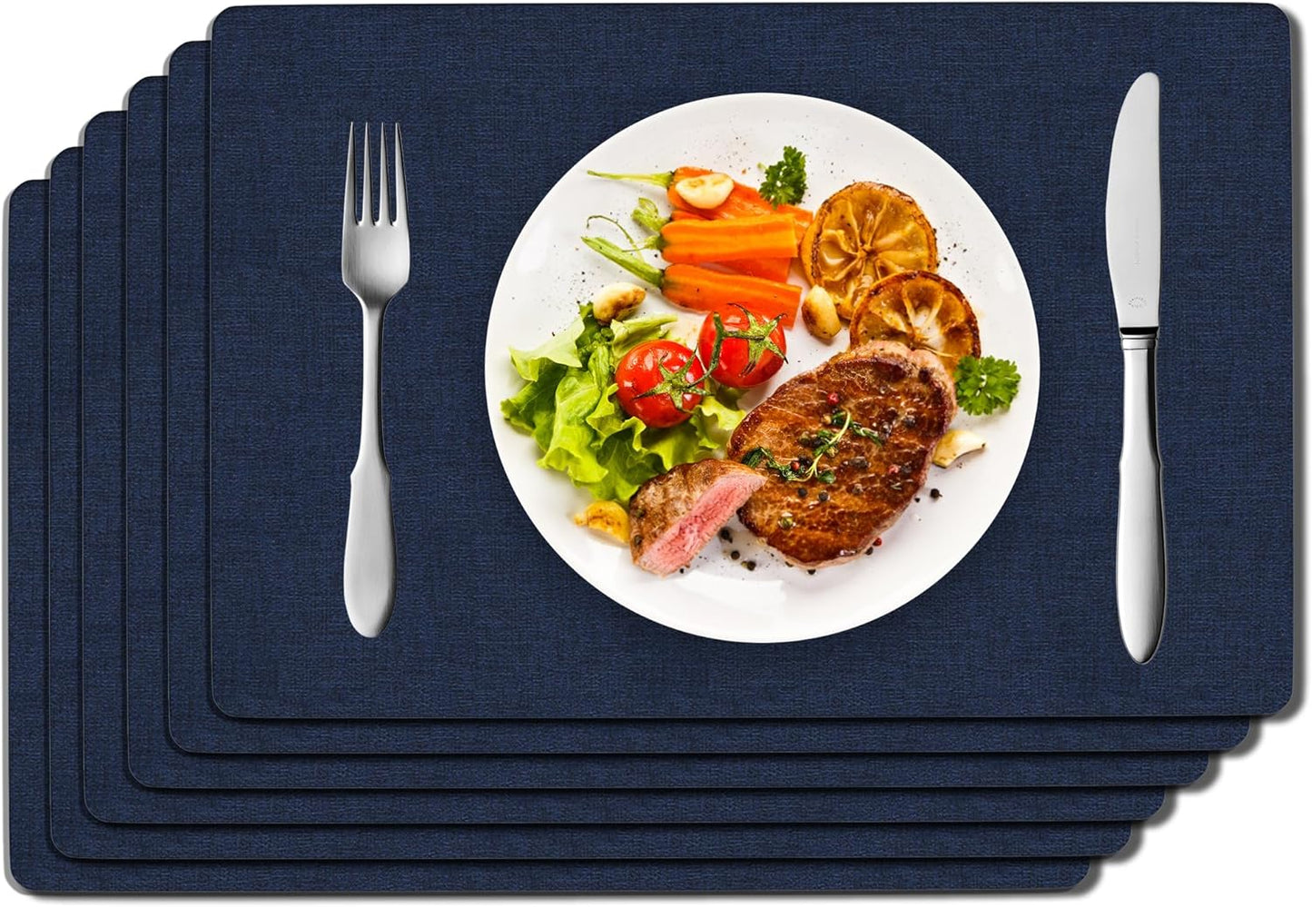 DOLOPL Navy Blue Faux Leather Placemats Set of 6, Heat Resistant Place Mats for Dining Table, Waterproof Oilproof Wipeable Washable Table Mats, Easy to Clean Anti-Slip Tablemats for Kitchen, Party