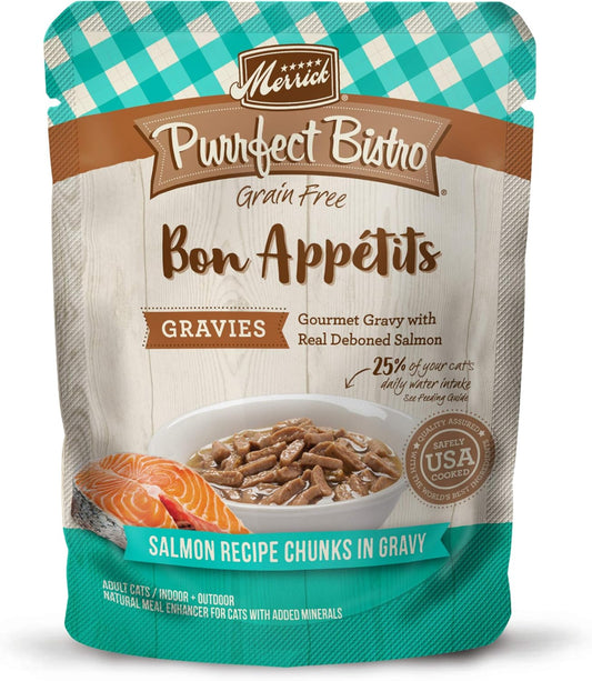 Merrick Purrfect Bistro Bon Appetits Premium Grain Free Wet Cat Food Topper, Salmon Recipe Chunks In Gravy - (Pack of 24) 3 oz. Pouches