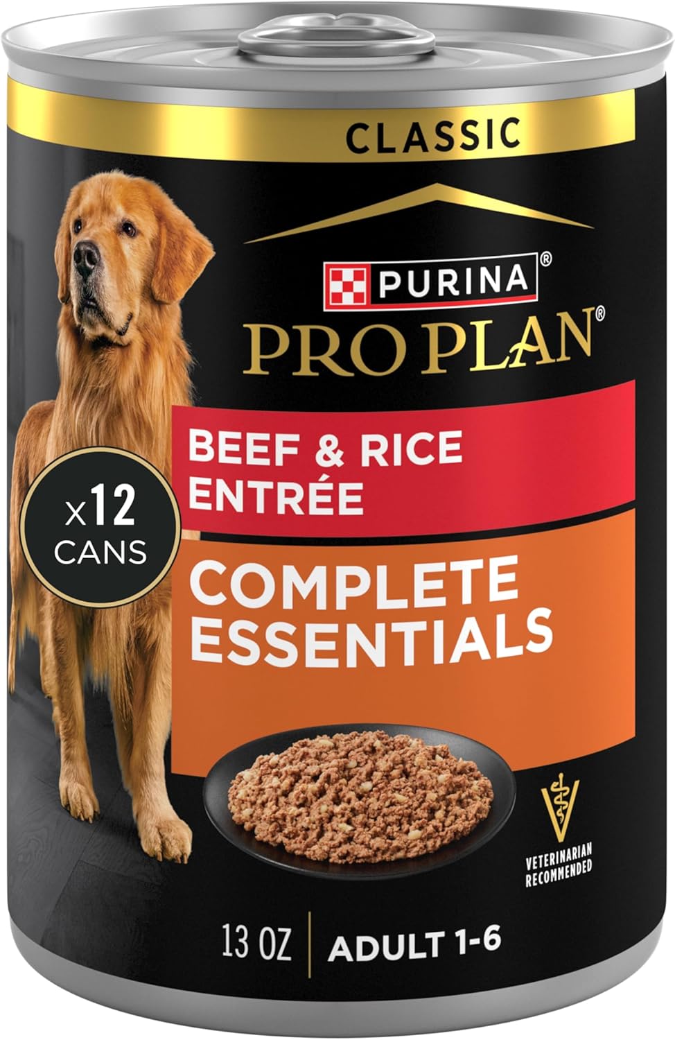 Purina Pro Plan Complete Essentials Classic Pate Dog Food, Beef and Rice Entrée - (Pack of 12) 13 oz. Cans