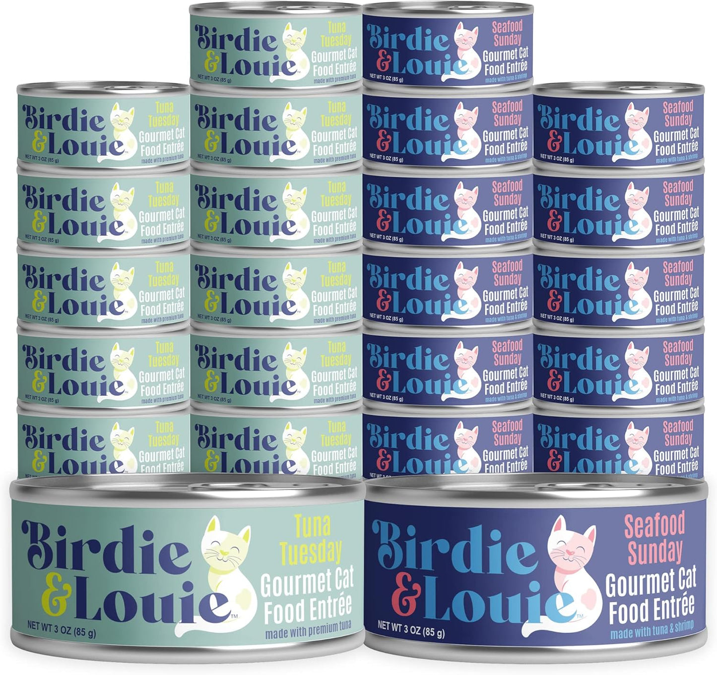 Birdie & Louie Tuna Tuesday/Seafood Sunday Variety Pack Wet Cat Food Gourmet Entrees 3 Oz Cans Bulk Case of 24 Cans