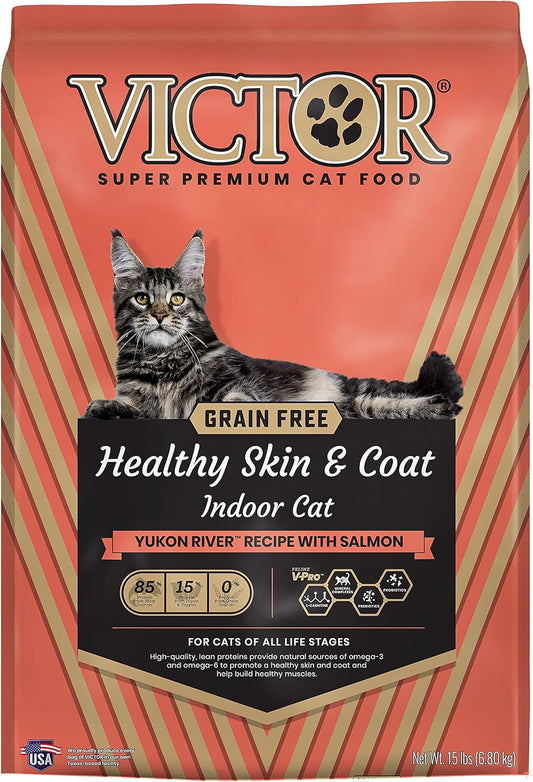 Victor Super Premium Cat Food \u2013 Grain Free Healthy Skin & Coat - Dry Cat Food for Indoor Cats \u2013 Yukon River Recipe \u2013 All Breeds and All Life Stages from Kitten to Adult, 15lb