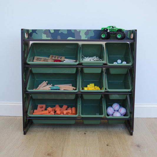 Humble Crew Toy Storage Organizer with Top Shelf and 9 Removable Bins, Camo\/Army Green \u2013 Toddler Bookshelf with Toy Organizer - Modern Toy Rack Ideal for Kids' Rooms, Playrooms, and Nurseries