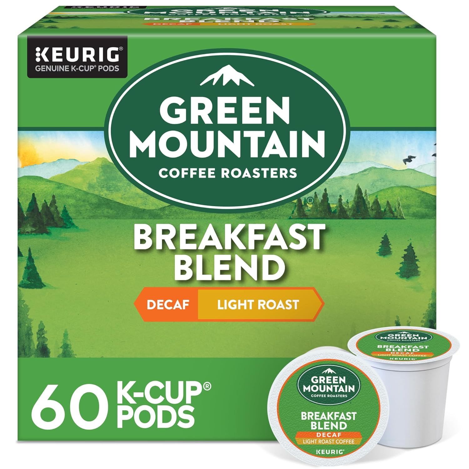 Green Mountain Coffee Roasters Breakfast Blend Decaf, Keurig Single Serve K-Cup Pods, Light Roast Coffee, 60 Count, (6 Packs of 10)