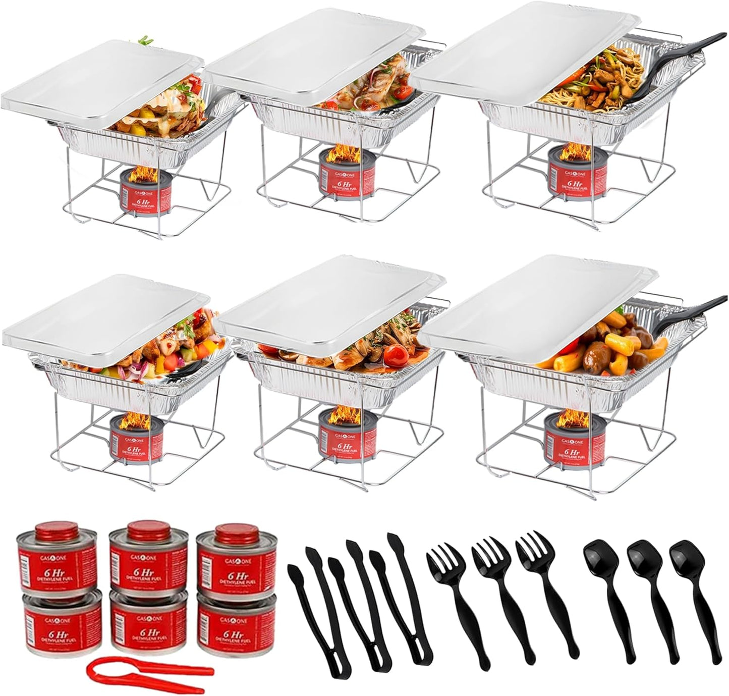 Alpha Living 6 Pack - Disposable Chafing Dish Buffet Set, Welded Body Food Warmers for Parties, 6hr Fuel Cans Complete Set, Half Size Pans, Warming Trays