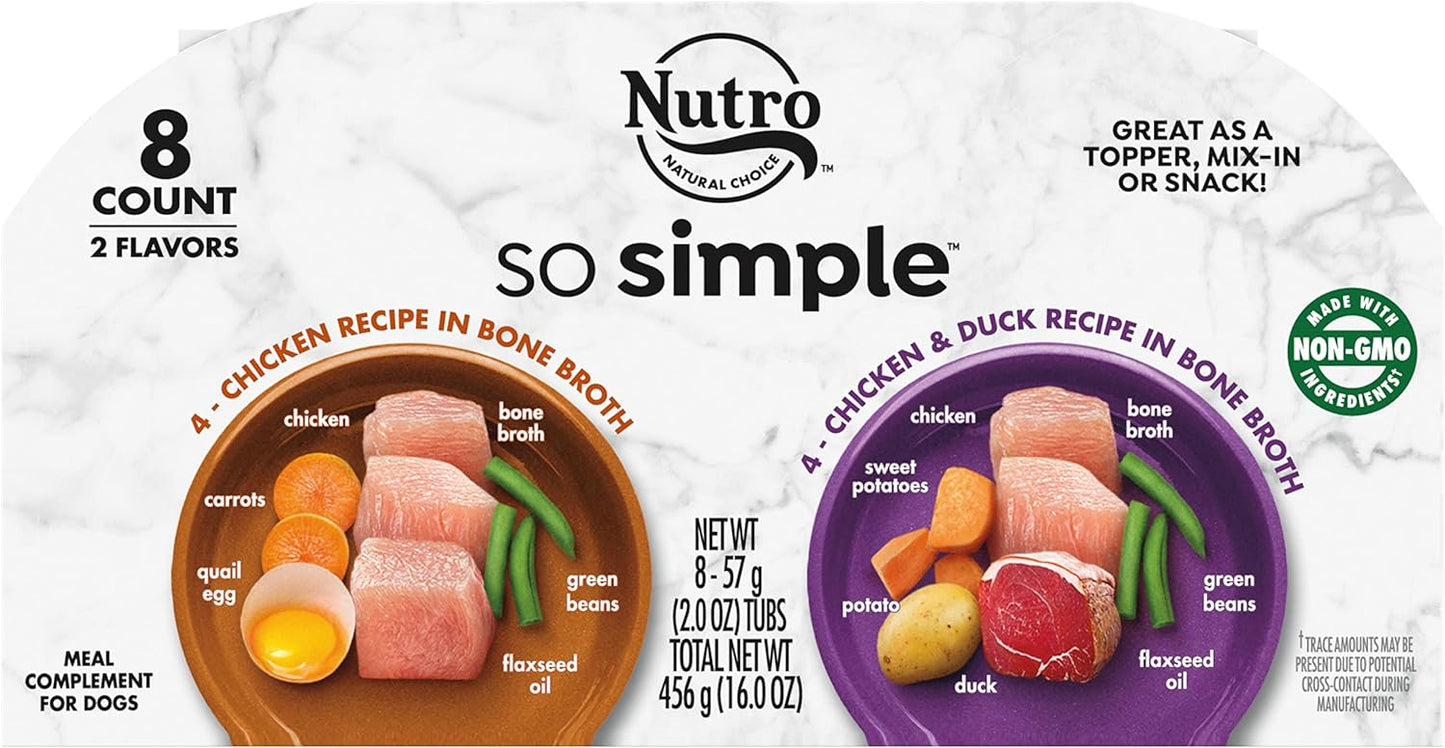 Nutro So Simple Meal Complement Wet Dog Food Chicken and Chicken & Duck Recipes in Bone Broth 8-Count Variety Pack, 2 oz. Tubs