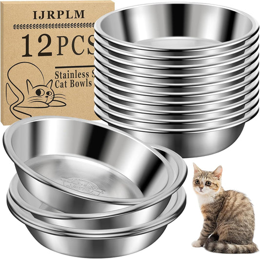 Cat Bowls,12Pcs Stainless Steel Cat Food Bowls,Replacement Whisker Fatigue Relief Cat Bowl,Shallow Cat Food Dish Bulk for Elevated Stand,Dishwasher Safe,for Small Dogs and Cats(5.5 Inch)