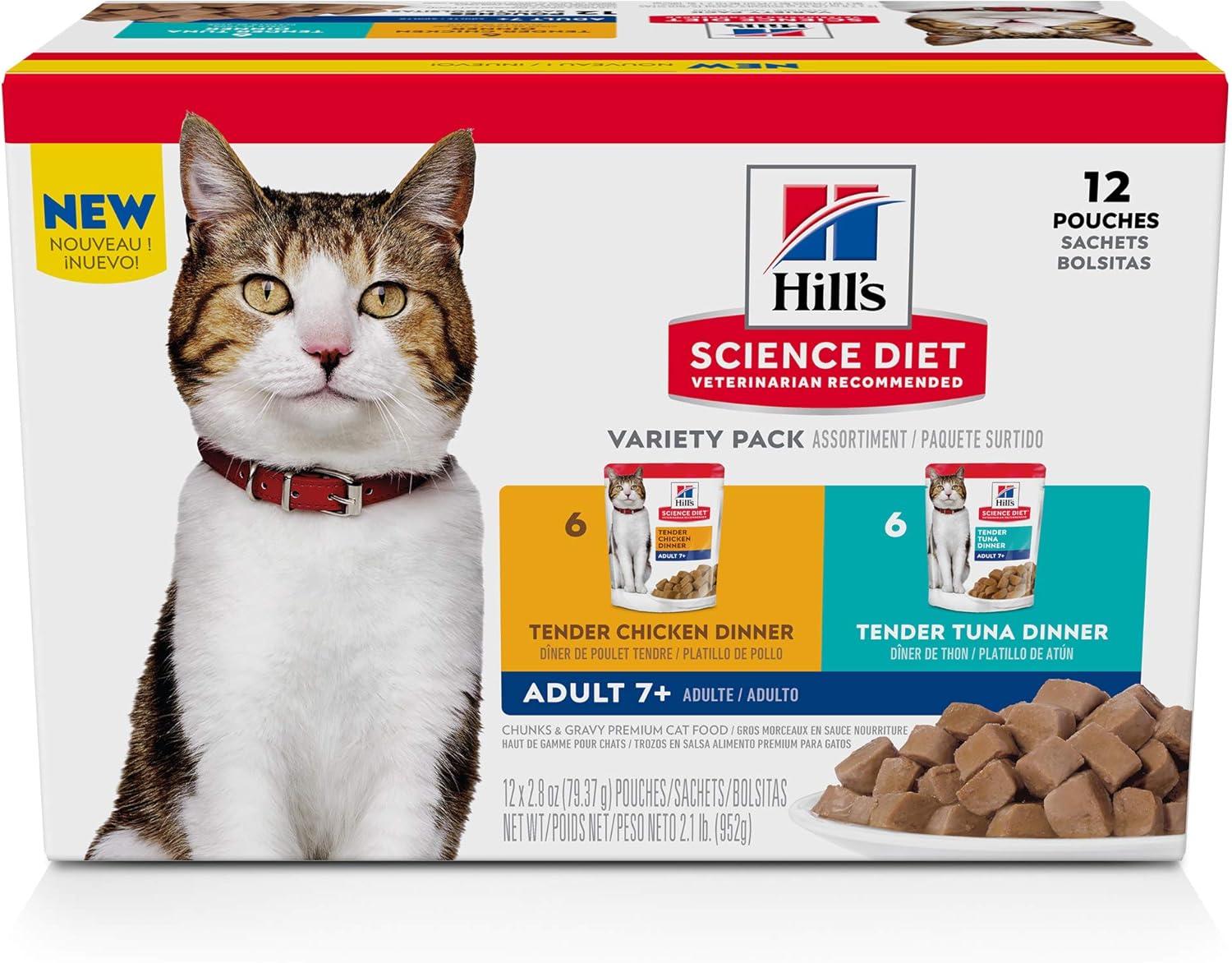 Hill's Science Diet Adult 7+, Senior Adult 7+ Premium Nutrition, Wet Cat Food, Variety Case: Chicken; Tuna Stew, 2.8 oz Pouch Variety Case, Case of 12