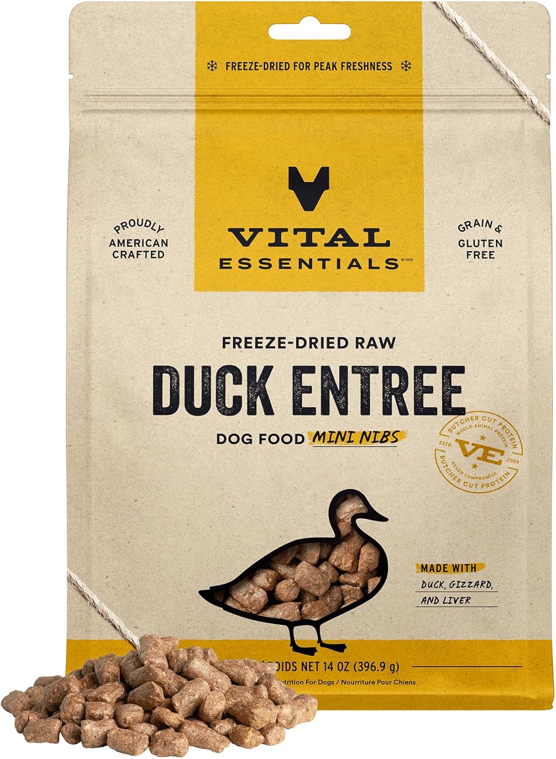 Vital Essentials Freeze Dried Raw Dog Food, Duck Mini Nibs Entree, 14 oz