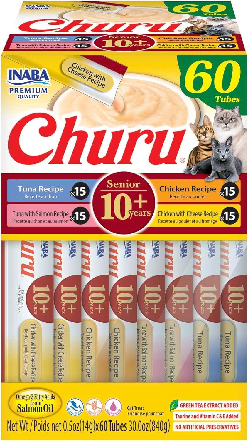 INABA Churu for Senior 10+, Creamy Lickable Cat Treats with Taurine, Vitamin E & C, 0.5 Ounces Each, 60 Tubes, Tuna & Chicken Variety