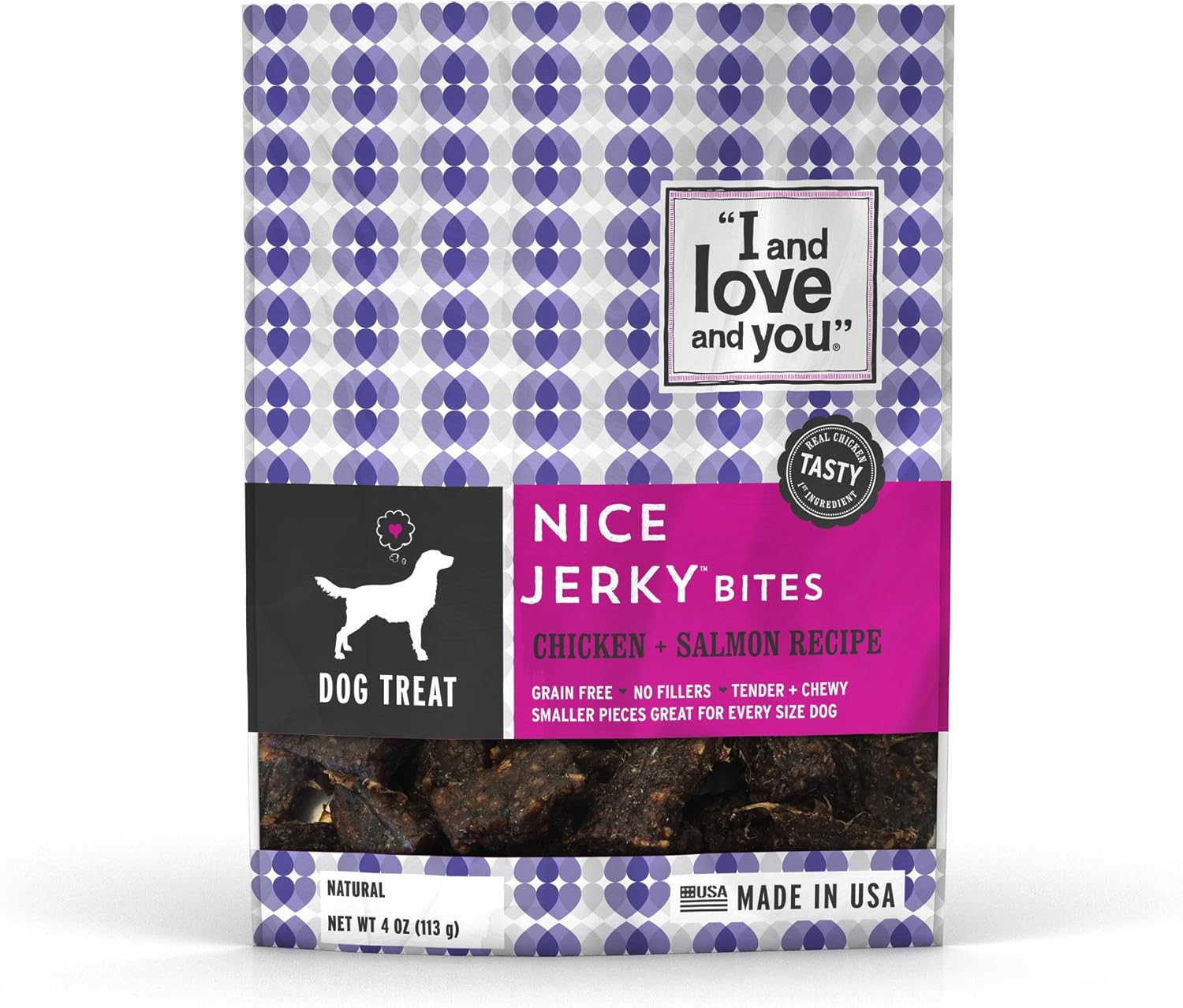 I and love and you Nice Jerky Bites - Grain Free Dog Treats, Salmon + Chicken, 4-Ounce, Pack of 6