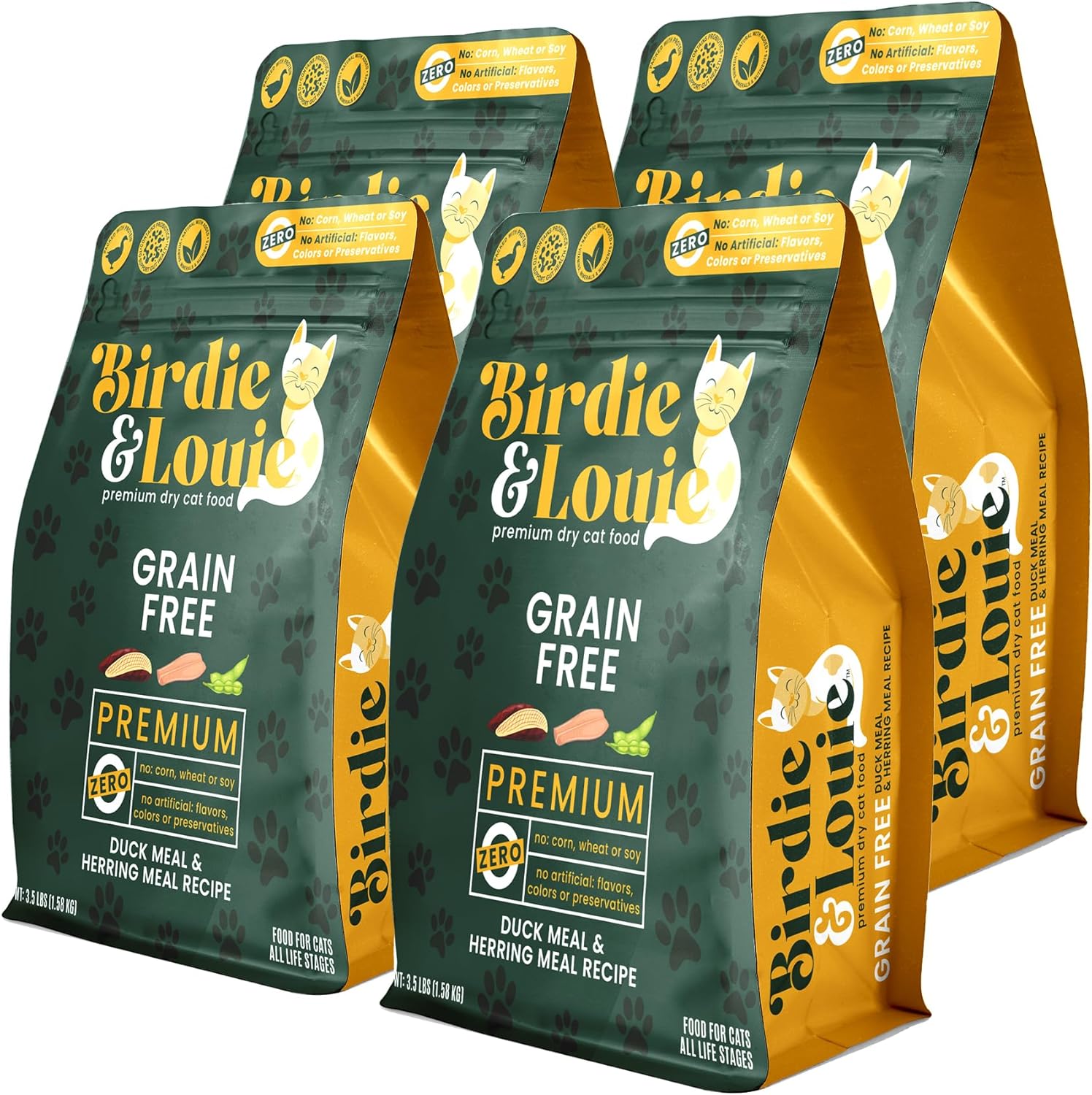 Birdie and Louie Dry Cat Food Duck Meal & Herring Meal Recipe 3.5 Lb Easy Seal Bag (4 Bags)