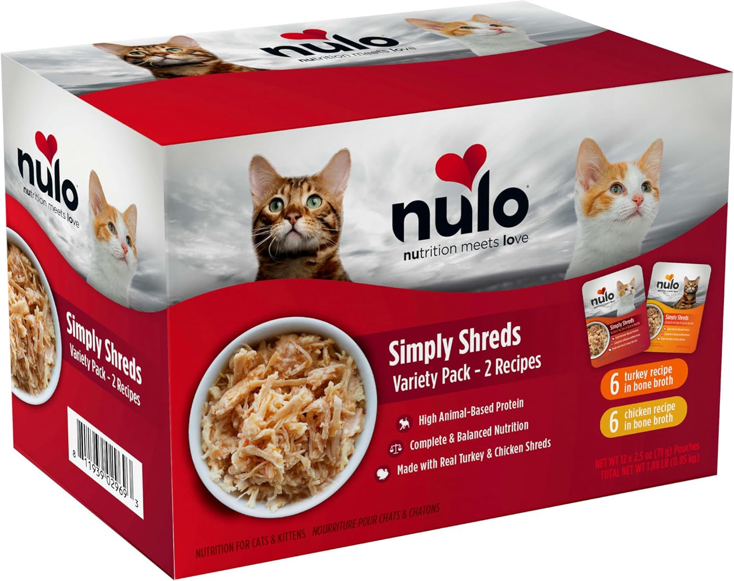 Nulo Simply Shreds Food Topper Nutrition for Cats & Kittens, Variety Pack, 2.5 Ounce Pouches, 12 Count