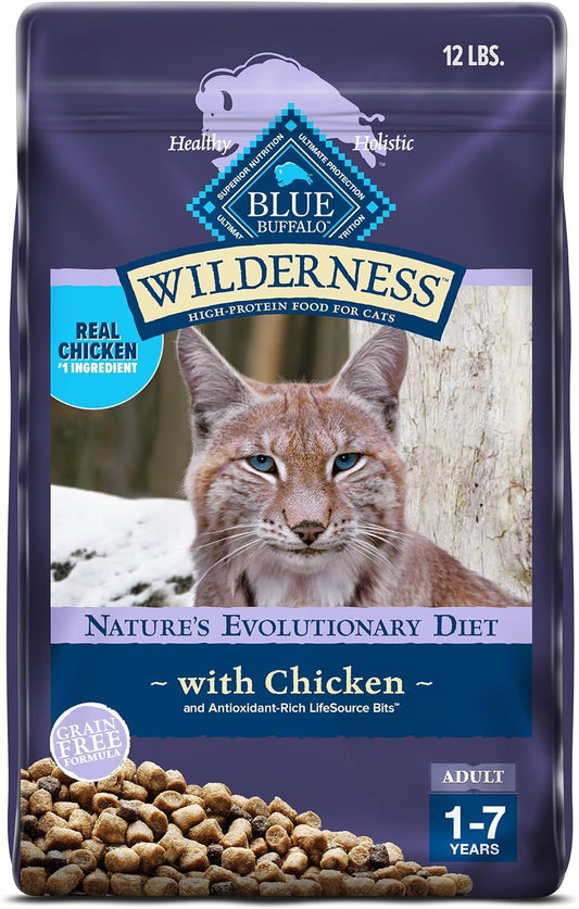 Blue Buffalo Wilderness Natural Adult Dry Cat Food, High-Protein and Grain-Free Diet, Supports Healthy Muscle Development and a Healthy Immune System, Chicken, 12-lb. Bag