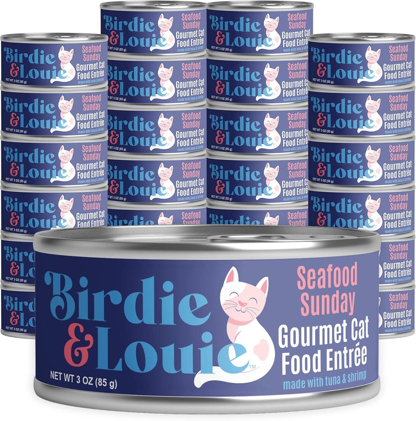 Birdie & Louie Seafood Sunday Tuna and Shrimp Wet Cat Food Gourmet Entrees, Flakes in Broth, 3oz. (24 Cans)