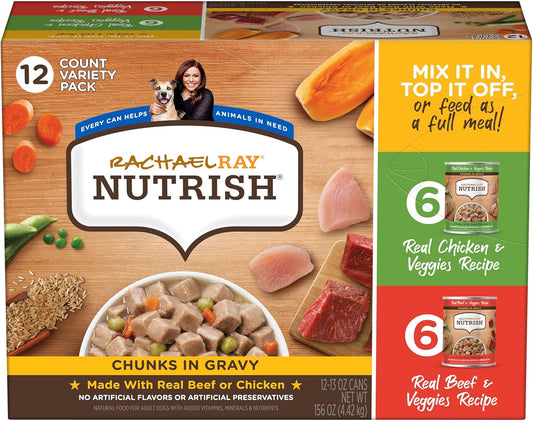 Nutrish Rachael Ray Chunks in Gravy Wet Dog Food Variety Pack, 13 Ounce (Pack of 12)