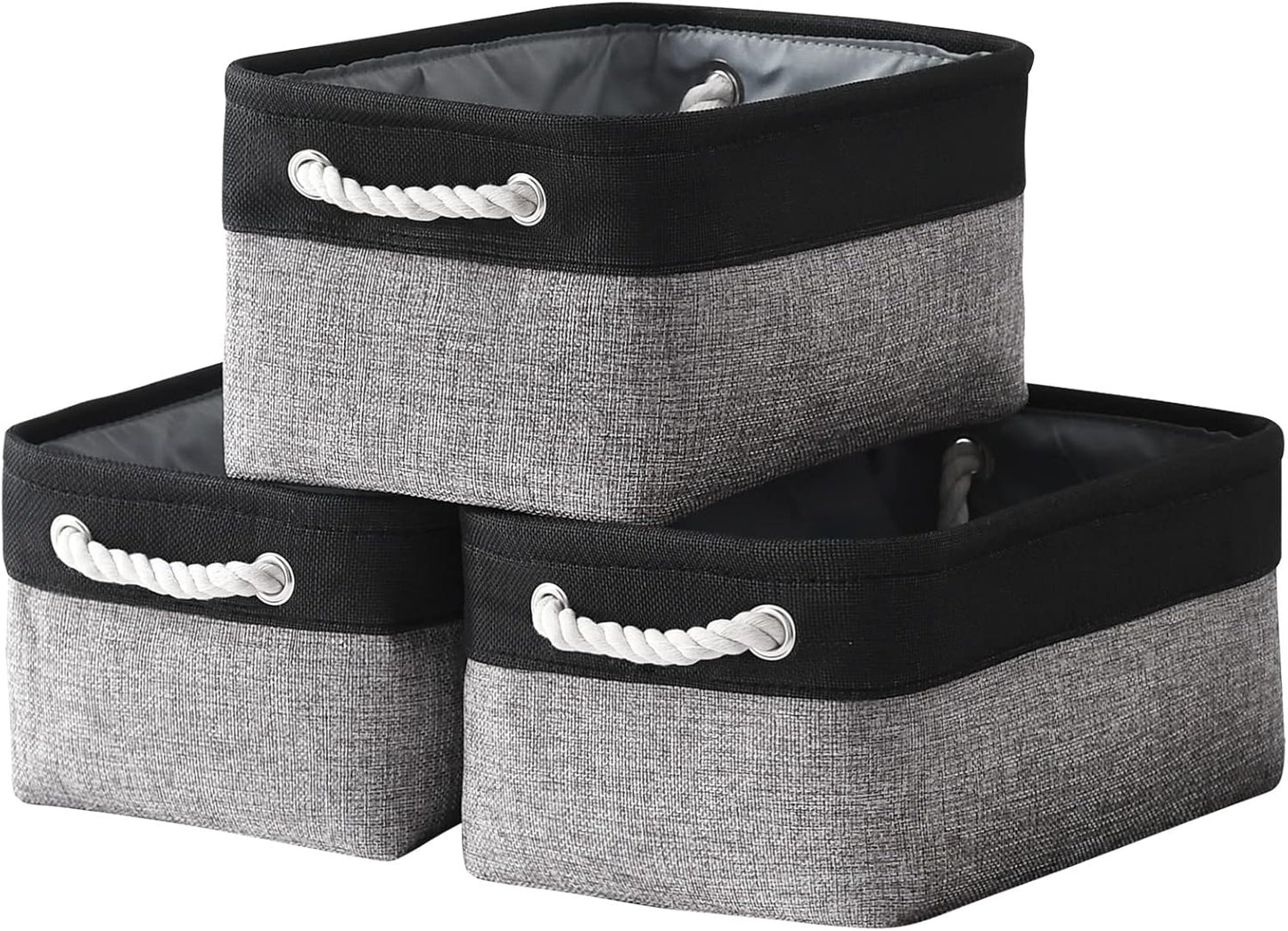 TheWarmHome Storage Basket for Organizing - 14x10x7 inch Medium 3 Pack Collapsible Storage Bin for Shelves with Rope, Fabric Storage Cubes for Organizer Cloth Gift Toy Closet (Black & Grey)