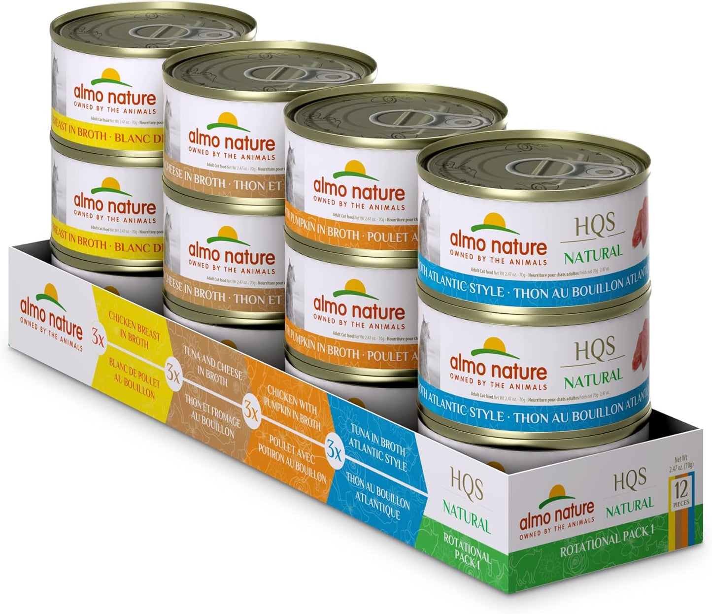 Almo Nature HQS Natural Variety Pack Grain Free, Additive Free Recipes - Chicken with Pumpkin (6); Chicken Breast (6); Tuna Atlantic Style (6); Chicken & Cheese(6), Adult Cat Canned Wet Food, Shredded