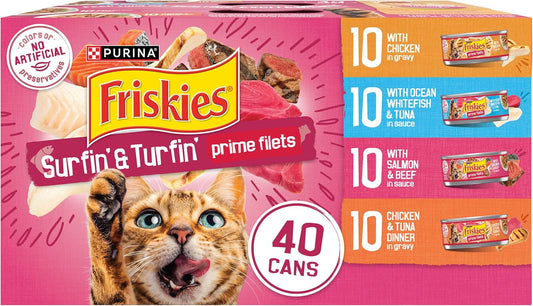 Purina Friskies Gravy Wet Cat Food Variety Pack, Surfin’ and Turfin’ Prime Filets Favorites - (Pack of 40) 5.5 oz. Cans