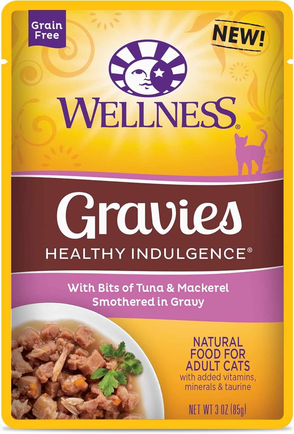 Wellness Healthy Indulgence Natural Grain Free Wet Cat Food, Gravies Tuna & Mackerel, 3-Ounce Pouch (Pack Of 24)