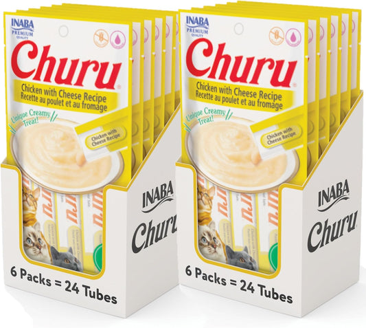 INABA Churu Cat Treats, Grain-Free, Lickable, Squeezable Creamy Purée Cat Treat\/Topper with Vitamin E & Taurine, 0.5 Ounces Each Tube, 48 Tubes (4 per Pack), Chicken with Cheese Recipe