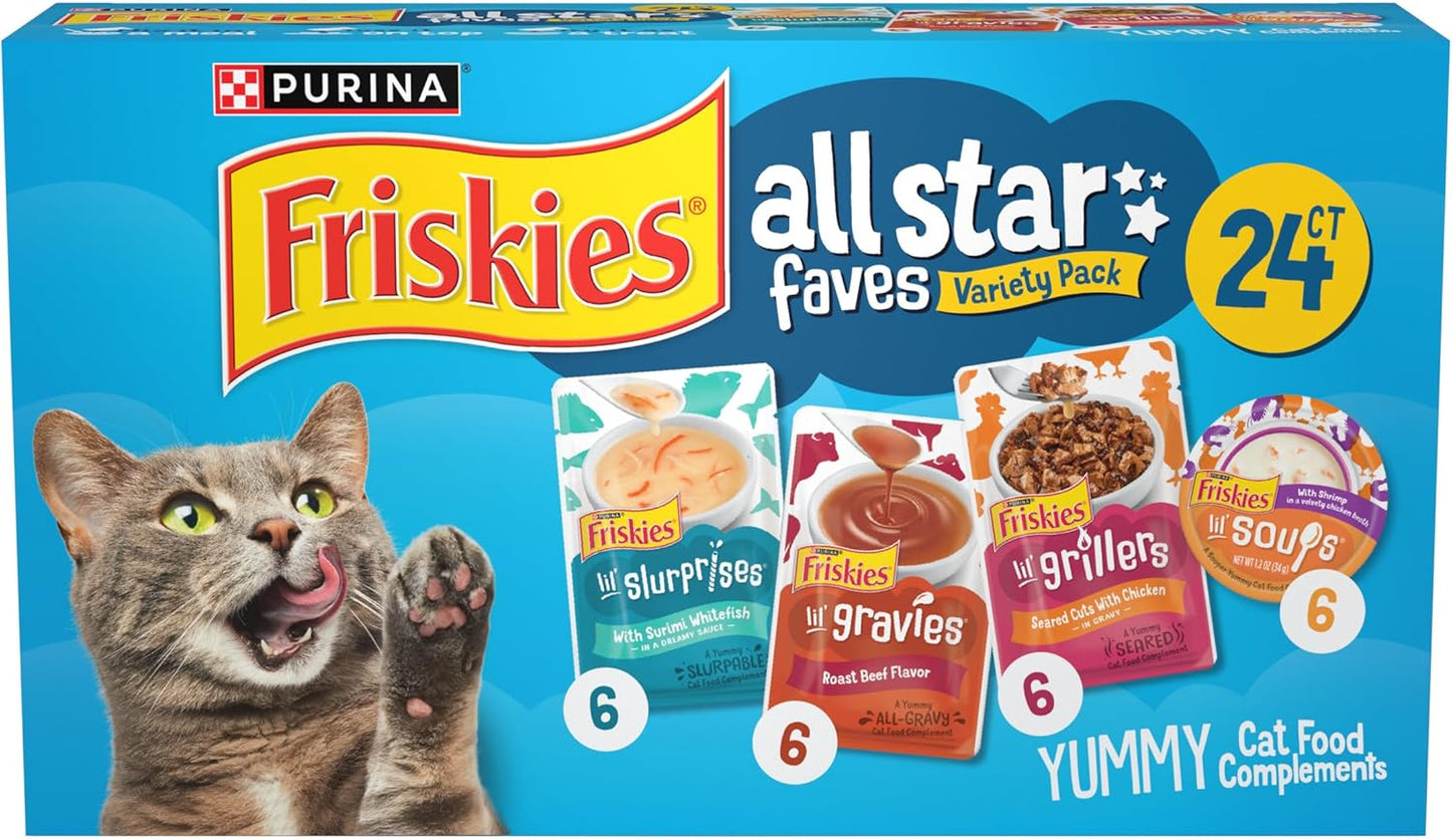 Friskies Purina All-Star Faves Lickable Gravy Cat Food Topper Wet Cat Food Variety Pack - 24 ct. Box