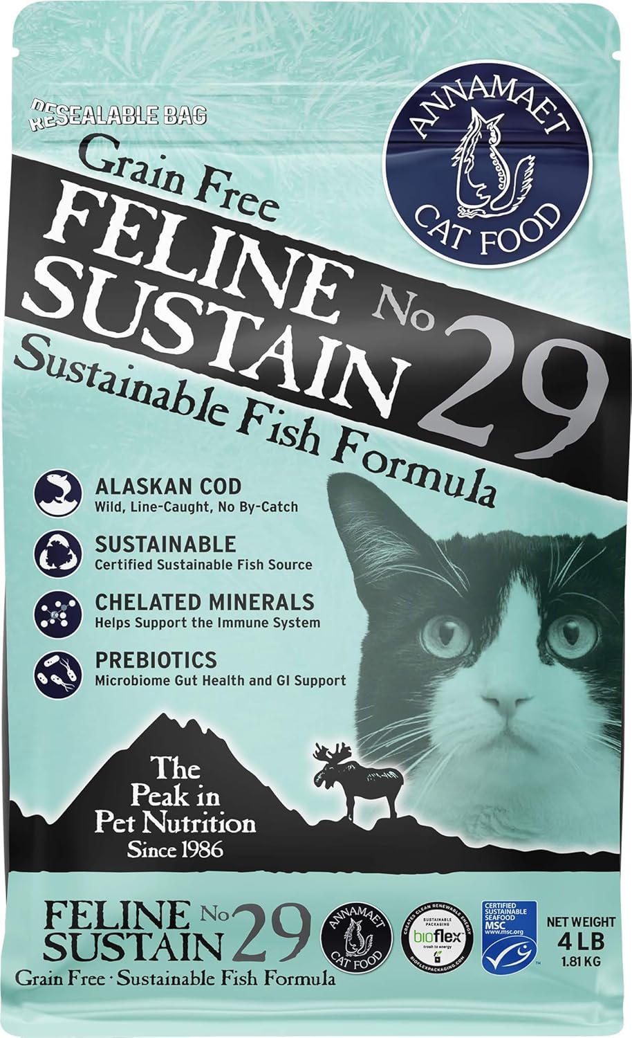 Annamaet Grain-Free Feline Sustain No. 29 Formula Dry Cat Food, (Line-Caught Cod & Free-Range Turkey), 4-lb Bag, Brown