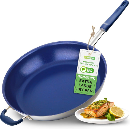 NutriChef 14" Non-Stick Large Frying Pan, Ceramic Coating, Stainless Steel Aluminum Frying Pan with Silicone Handle, Stain-Resistant, PFOA Free \u2013 Safe for Gas, Electric, Induction, Ceramic Cooktops