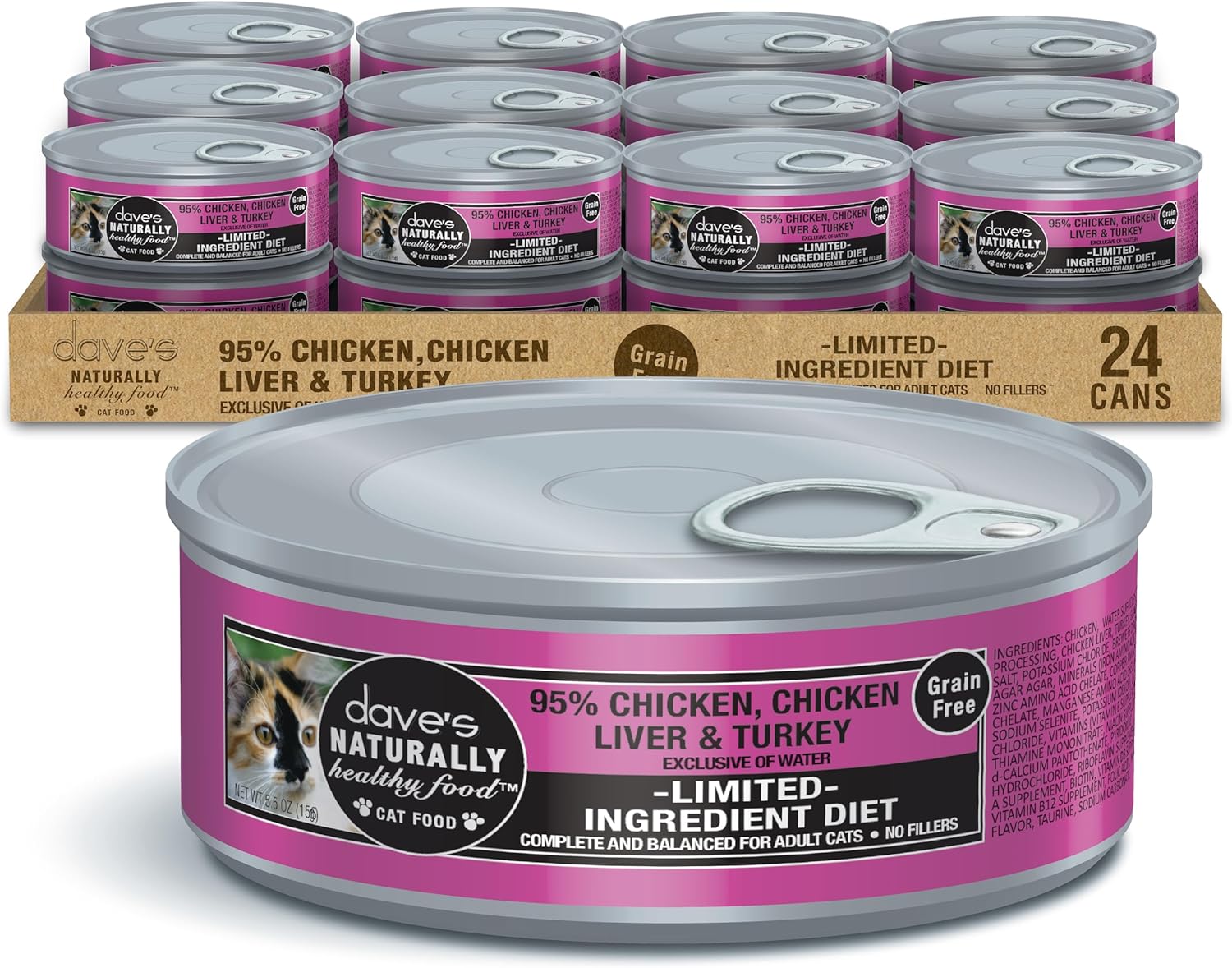 Dave's Pet Food Grain Free Wet Cat Food (95% Chicken, Chicken Liver, Turkey Pate), Made in Canada Naturally Healthy Canned Cat Food, Added Vitamins, Wheat & Gluten-Free, 5.5 oz Cans (Case of 24)