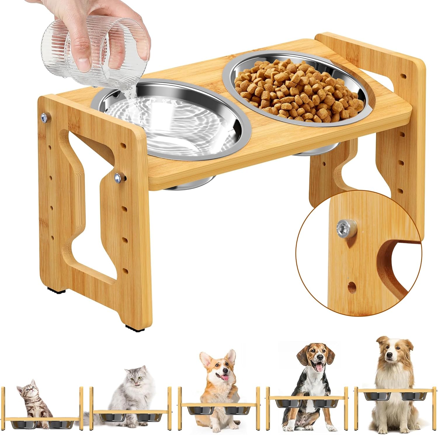 Adjustable Elevated Dog Bowls Raised Dog Bowl Natural Bamboo Stand with 2 Stainless Steel Dog Food Bowls Non-Slip Dog Feeder for Small Dogs and Cats (Natural)