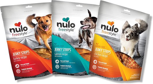 Nulo Puppy & Adult Freestyle Jerky Dog Strips Variety Pack: Natural Healthy Real Meat Grain Free Dog Treats for Training or Reward - 3 x 5 oz Bags (Chicken, Salmon, Turkey)