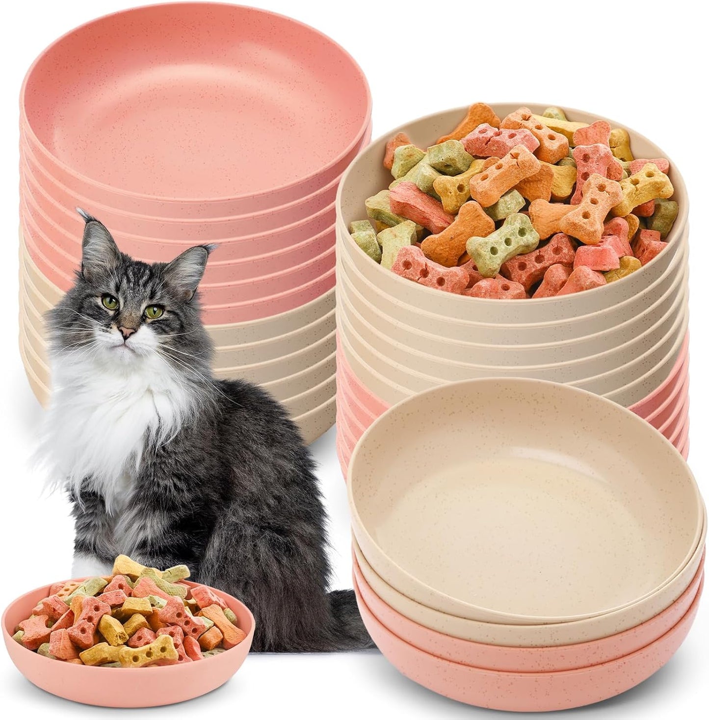 Tioncy 24 Pcs Whisker Fatigue Relief Cat Bowl Shallow Cat Food Dish Wide and Small Pet Plate Wide Stray Cats Wet Feeding Bowls for Ferrets Feral Cat Kittens, 5.5 Inch Wheat Straw (Pink, Beige)