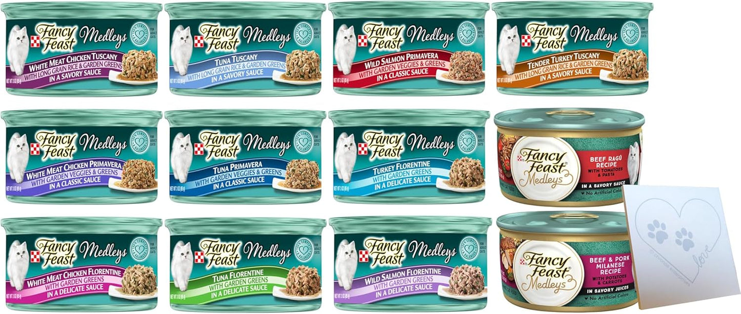 Elegant Medleys Variety Pack for Fancy Fancy Feast – 12 Total Flavors: Chicken Florentine, Salmon Primavera, Turkey Tuscan, and More (3oz Each, 12 Cans Total)