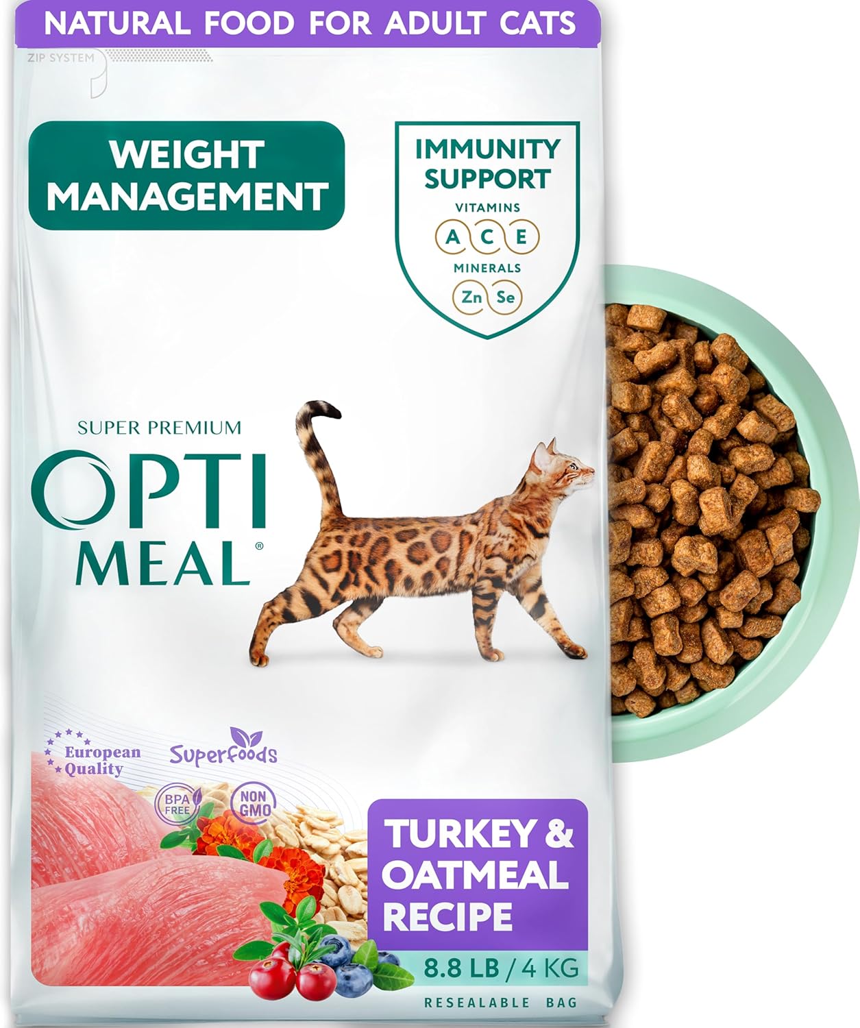 OPtimeal Weight Control Cat Food - Proudly Ukrainian - Cat Food Dry Recipe with Metabolism Support for Healthy Digestion, Tasty Dry Cat Food for Adult Cats (8.8 lbs, Turkey & Oatmeal)