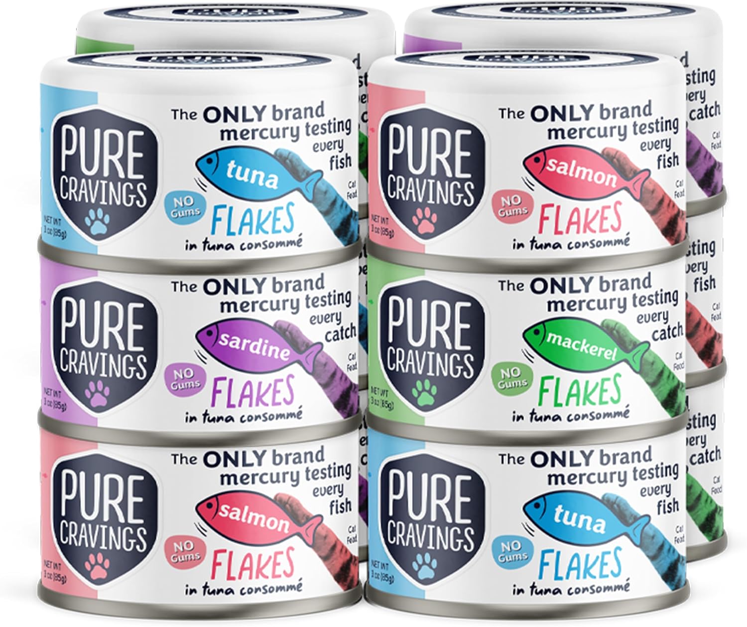 Pure Cravings Flakes in Tuna Consommé, Canned Wet Cat Food Soup, 100% Mercury-Tested, Moist Can Fish, Grain-Free Protein, Non-GMO, 3oz, Variety Pack 3X Tuna, 3X Salmon, 3X Sardine, 3X Mackerel