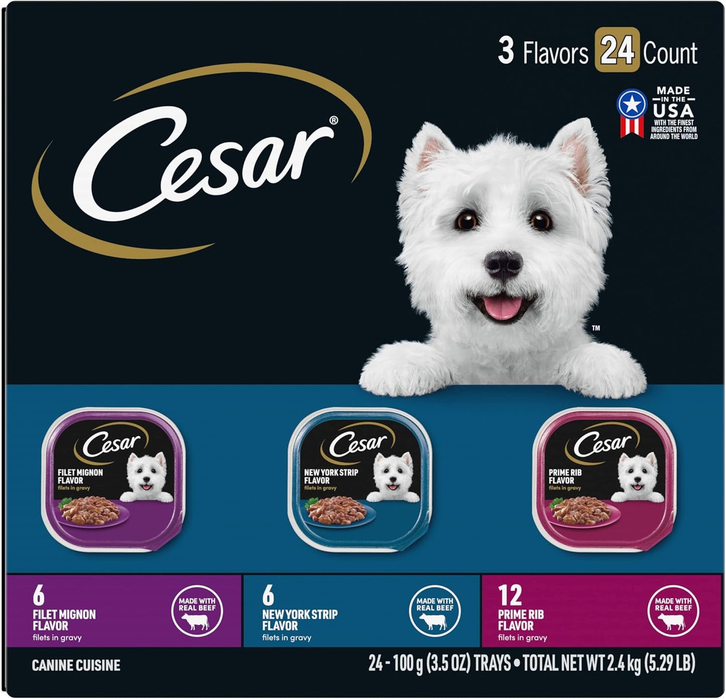 CESAR Adult Soft Wet Dog Food Filets in Gravy Variety Pack, Filet Mignon, New York Strip and Prime Rib Flavors, (24) 3.5 oz. Trays