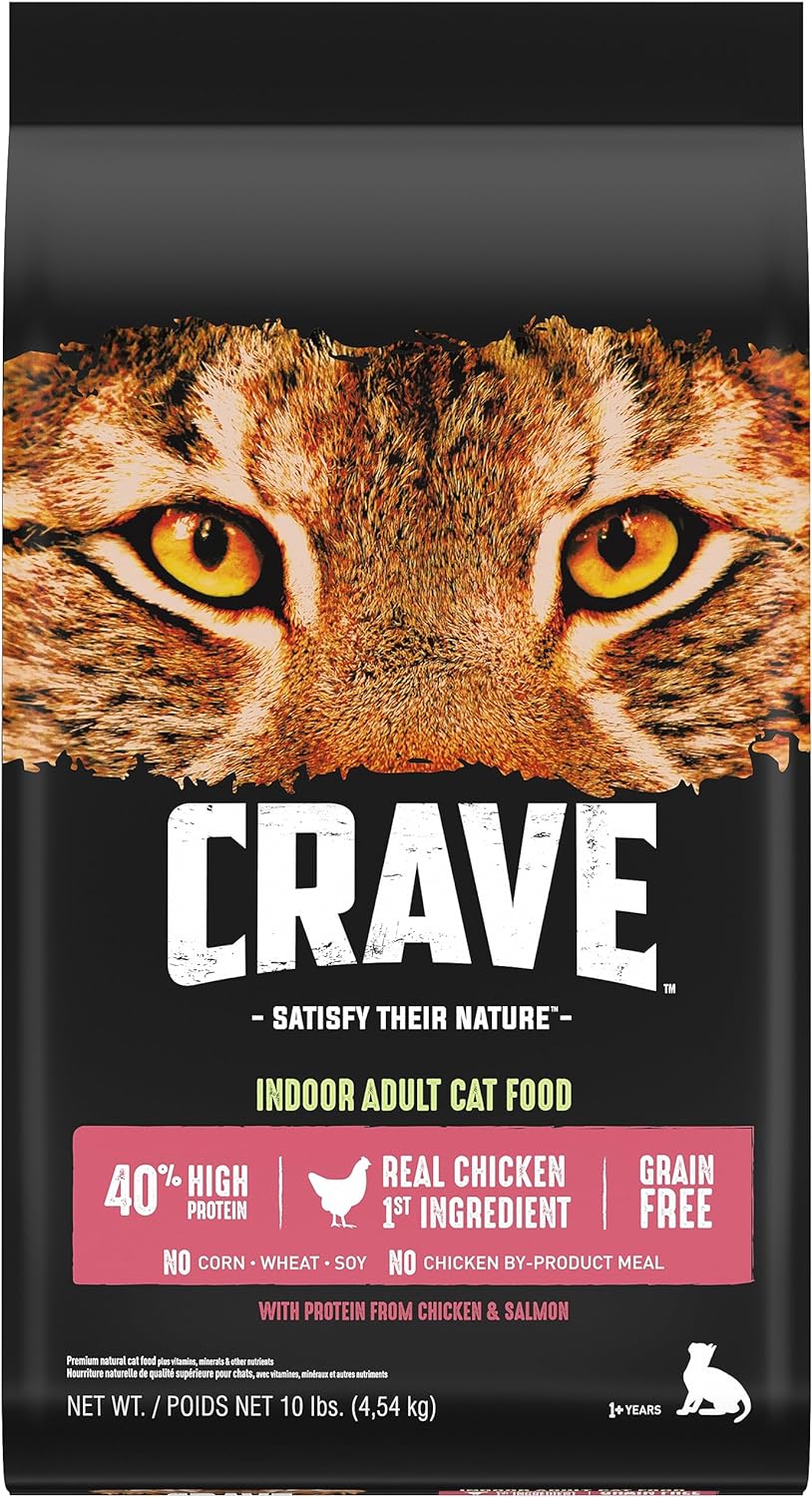 CRAVE Grain Free Indoor Adult High Protein Natural Dry Cat Food with Protein from Chicken & Salmon, 10 lb. Bag