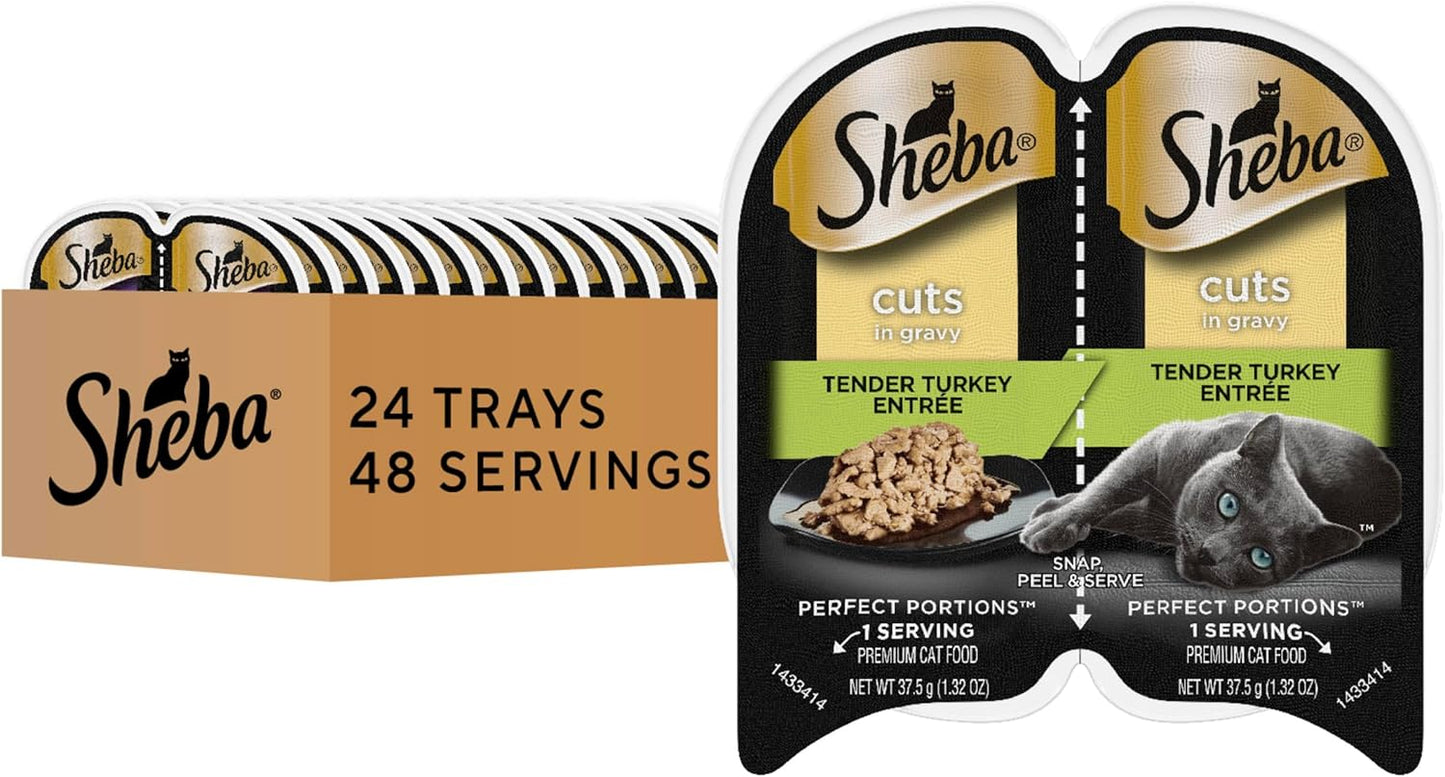 Sheba Perfect Portions Wet Cat Food Cuts in Gravy Tender Turkey Entree, 2.6 oz Twin-Pack Trays (24 Count, 48 Servings)