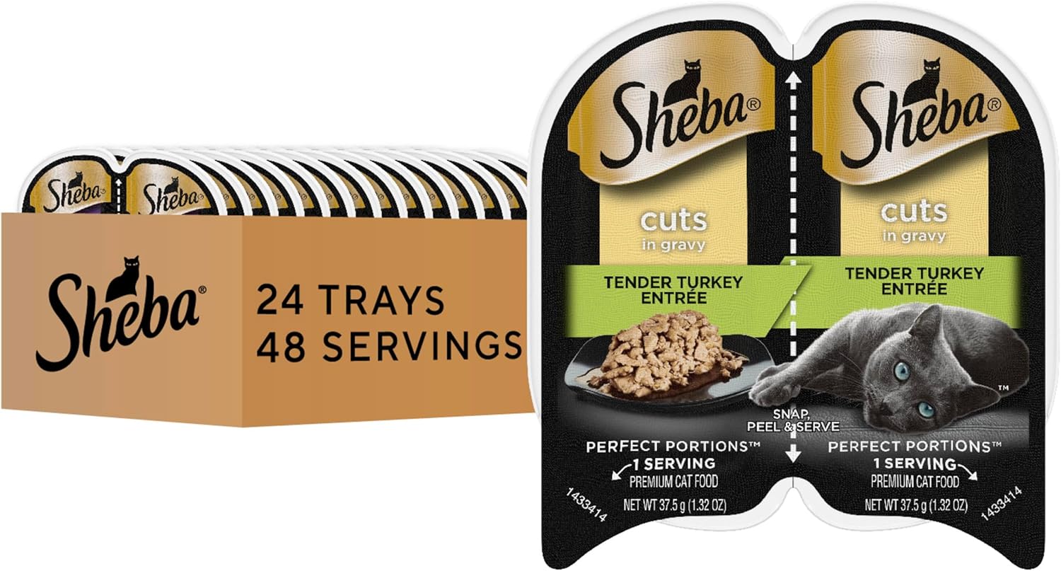 Sheba Perfect Portions Wet Cat Food Cuts in Gravy Tender Turkey Entree, 2.6 oz Twin-Pack Trays (24 Count, 48 Servings)