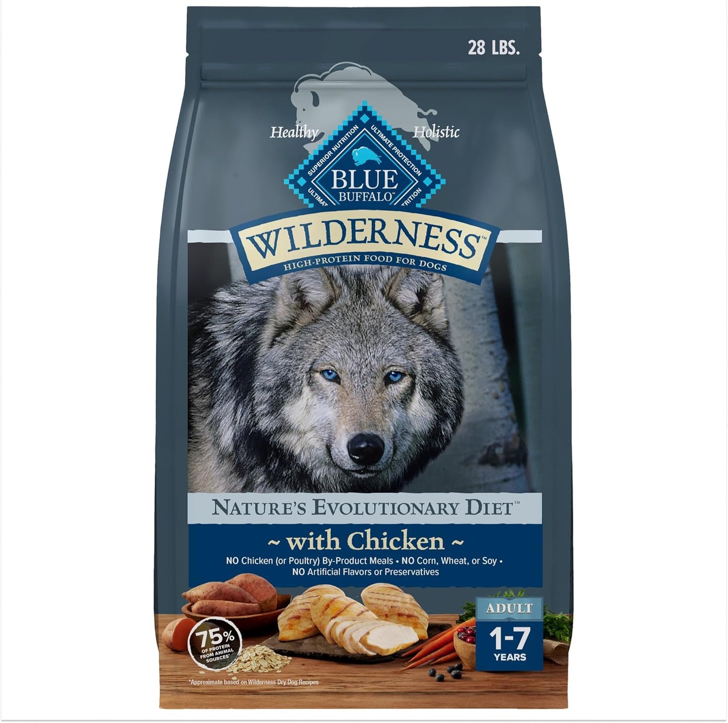 Blue Buffalo Wilderness Natural High-Protein Dry Food for Adult Dogs, Chicken Recipe, 28-lb. Bag