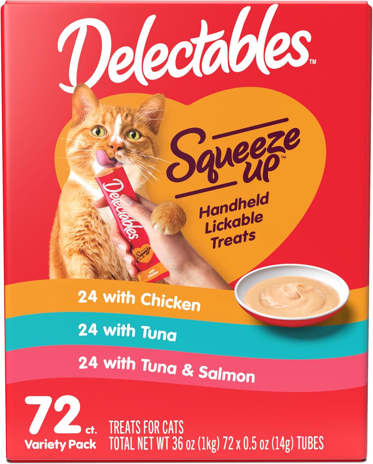 Delectables Squeeze Up Variety Pack, Creamy Squeezable Puree, Lickable Wet Cat Treats, Grain Free, No Added Fillers, No by-Products, No Added Preservatives, 0.5 Ounces Tube, 72 Tubes Total