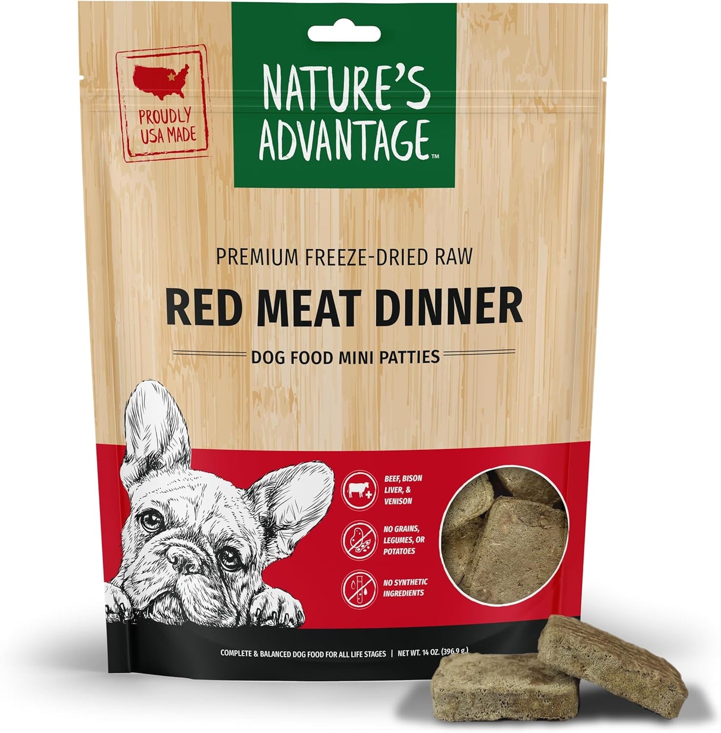 Nature's Advantage Freeze-Dried Raw Red Meat Dinner Dog Food Mini Patties, 14 oz | Beef, Venison, Fruits, Veggies | Grain Free, High Protein Nutrition