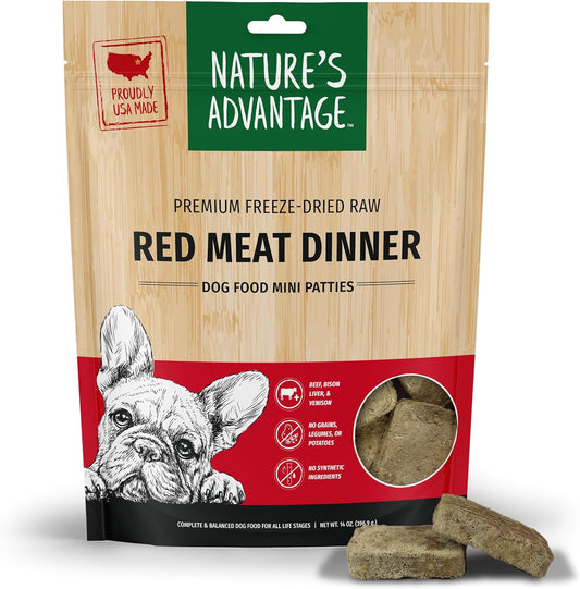 Nature's Advantage Freeze-Dried Raw Red Meat Dinner Dog Food Mini Patties, 14 oz | Beef, Venison, Fruits, Veggies | Grain Free, High Protein Nutrition