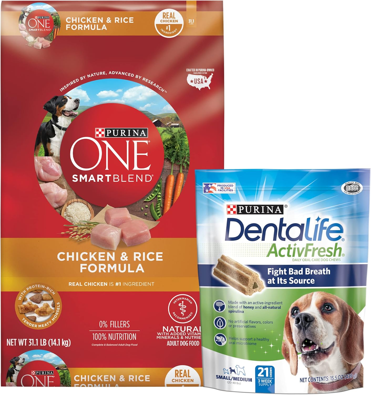 DentaLife Purina Bundle Pack Adult Dry Dog Food and Treats, ONE Chicken and Rice Formula ActivFresh