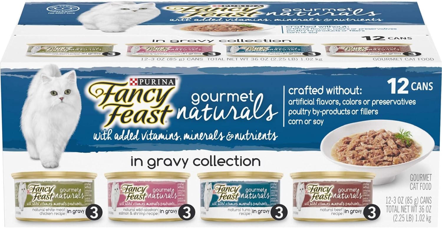 Fancy Feast Gourmet Naturals Gravy Collection,with Added Vitamins, Minerals and Nutrient Variety Pack 12-3OZ CANS