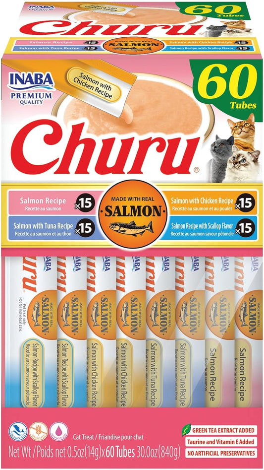 INABA Churu Cat Treats, Lickable, Squeezable Creamy Purée Cat Treat with Green Tea Extract & Taurine, 0.5 Ounces Each Tube, 60 Tubes, Salmon Variety Box