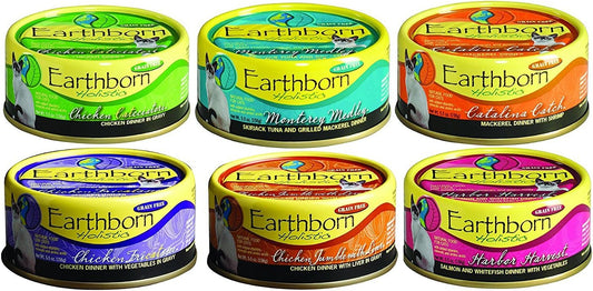 Earthborn Grain-Free 5.5 Oz Canned Cat Food Mixed 24 Cans with 6 Flavors – Chicken Catcciatori, Monterey Medley, Catalina Catch, Chicken Fricatssee, Chicken Jumble with Liver, Harbor Harvest