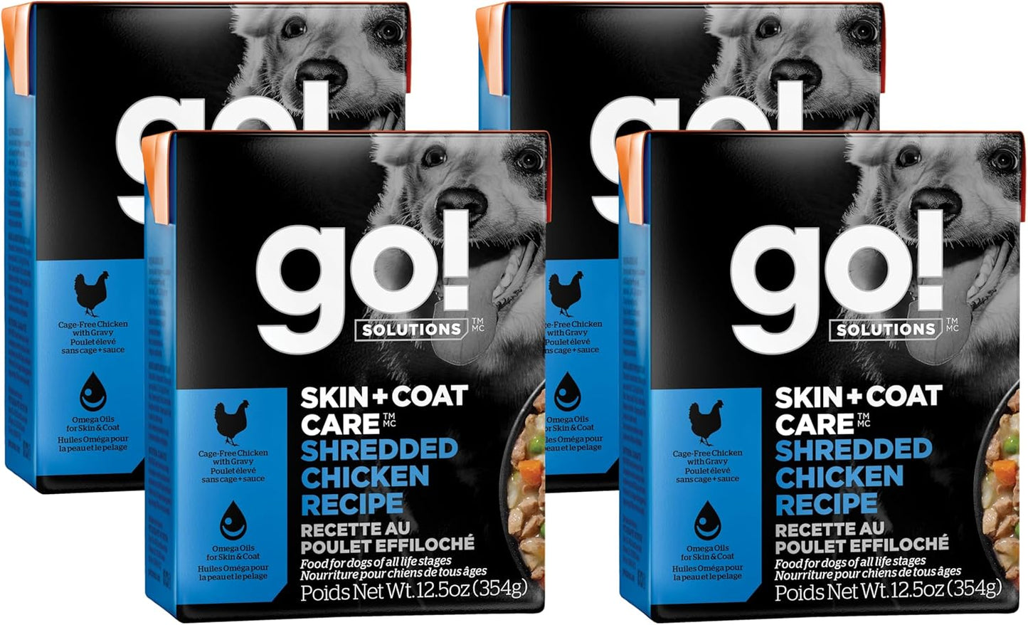 GO! SOLUTIONS Skin + Coat Care Wet Dog Food - Shredded Chicken Recipe with Grains - Complete & Balanced Nutrition for All Life Stages, 12.5 oz (Pack of 4)