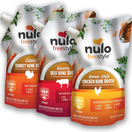 Nulo Freestyle Bone Broth, Premium Food Topper for Cats and Dogs, with Collagen and Chondroitin Sulfate to Help Boost The Quality of Your Pet\u2019s Coat and Skin, 20 Fl Oz (Pack of 3)